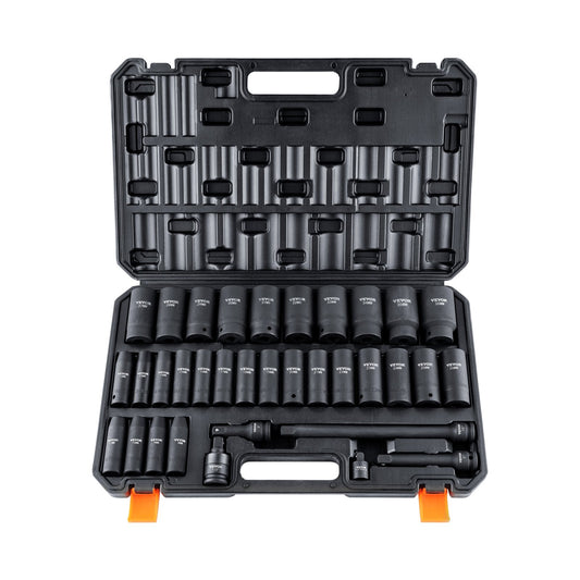 1/2" Drive Deep Impact Socket Set, 34pcs Socket Set Metric ?8-36mm? 6 Point Cr-MO Alloy Steel for Auto Repair, Rugged Construction, Includes Heavy Duty Storage Case